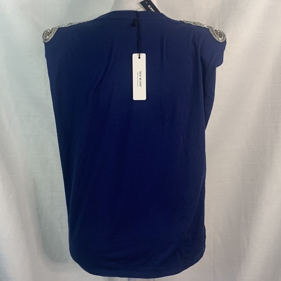 Express Navy Embellished Padded Shoulder Crew Neck Tee - Picture 12 of 14